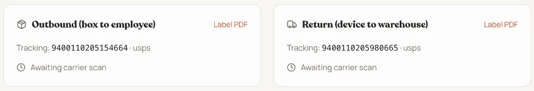 Actual ShiplyTech order record with outbound and return shipment tracking, test data